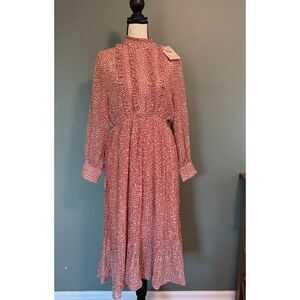 Poeté Chantal Red Floral Ruffle Neck Midi Dress